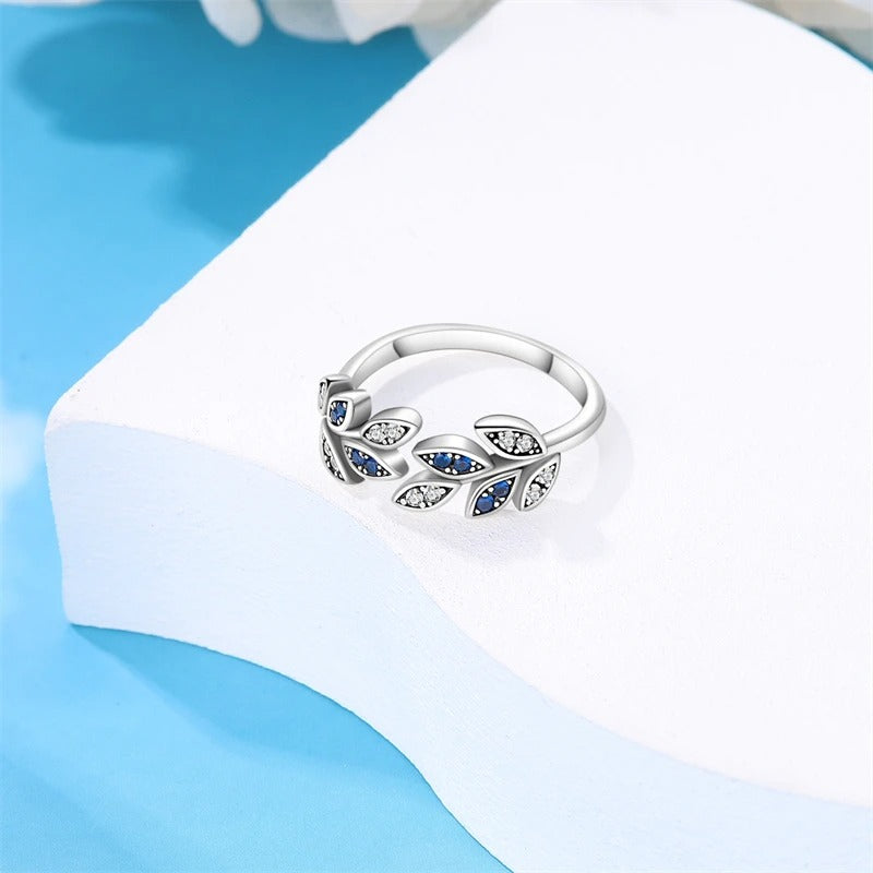 Sterling Silver Blue Zircon Leaves Ring Women Jewelry