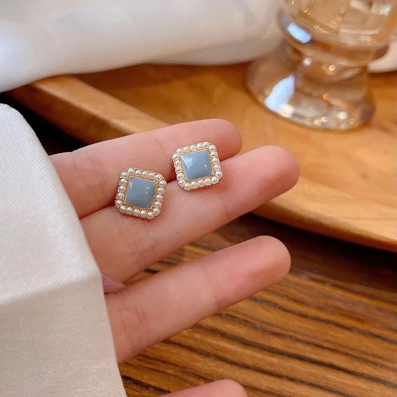 Women’s Enamel Blue Square Pearl Stud Earrings Trendy Gift Jewelry