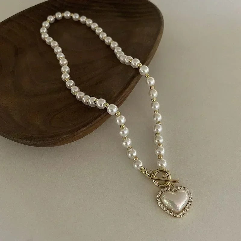 Pearl Gold Necklace Earrings Set Ladies Light Luxury Style Sparkling Love Pearl Inlaid Diamond Clavicle Chain Earrings