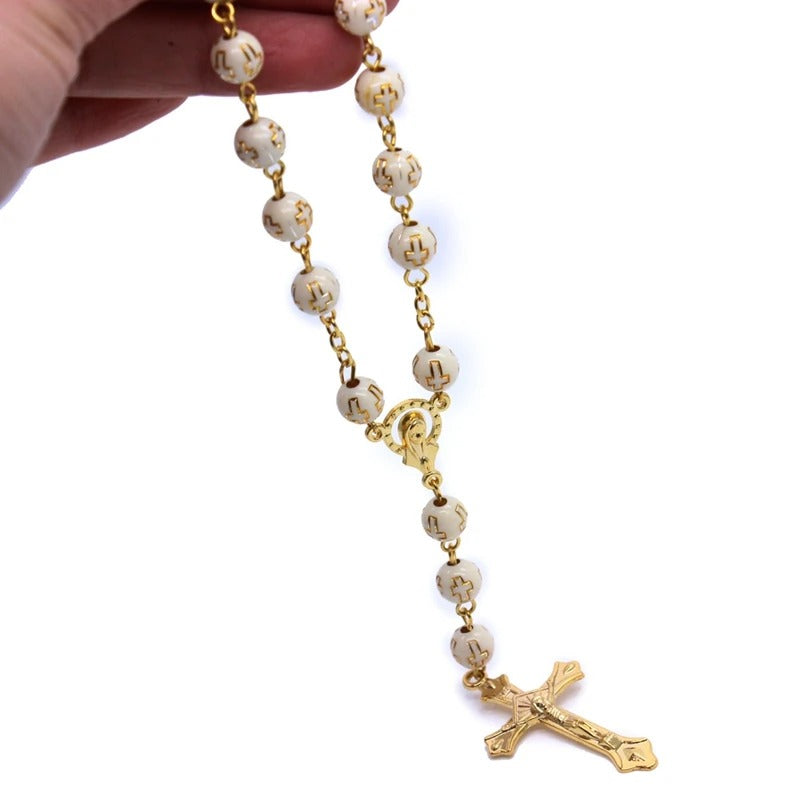 Car Rosary Beaded Bracelets Beige Plastic Cross Pedant Religious Jewelry For Men Women