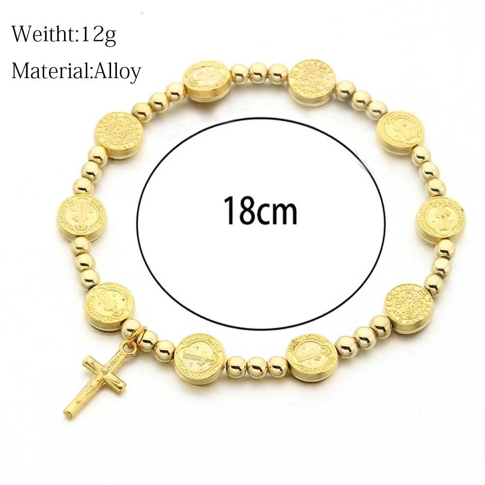 Gold Plated Saint Benedict Beads Cross Bracelet for Men & Women