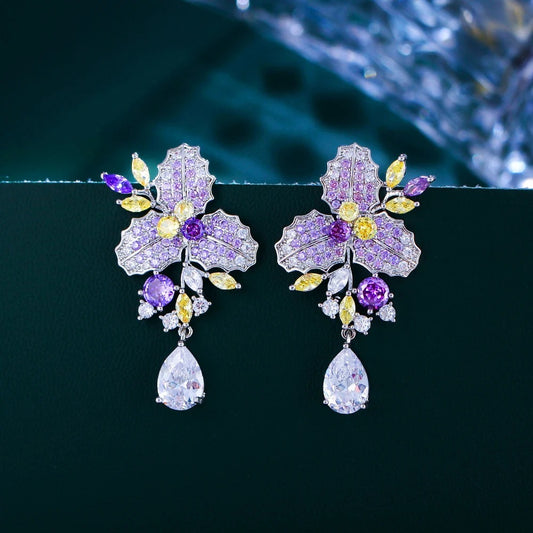 Zircons Chic Purple Cubic Zircon Pretty Long Big Flower Leaf Drop Dangle Earrings for Women Engagement Bridal Wedding