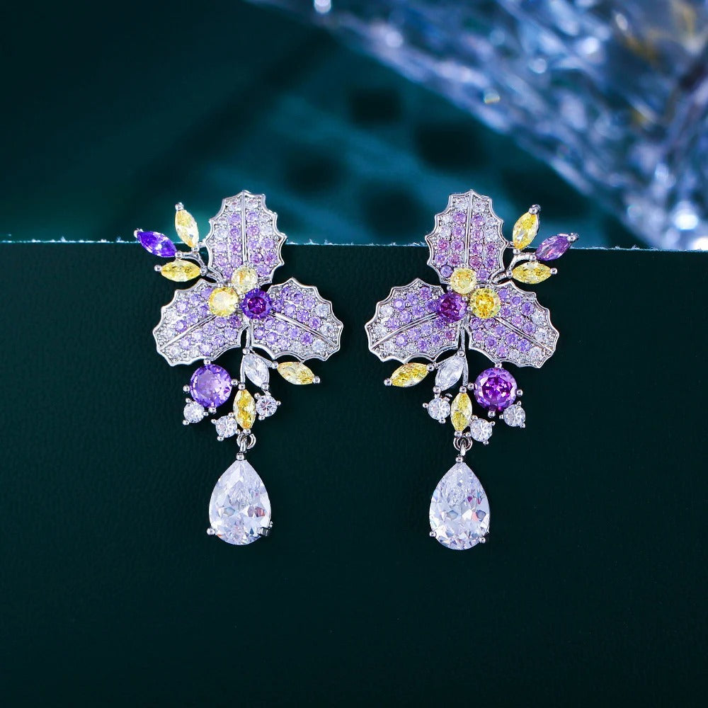Zircons Chic Purple Cubic Zircon Pretty Long Big Flower Leaf Drop Dangle Earrings for Women Engagement Bridal Wedding