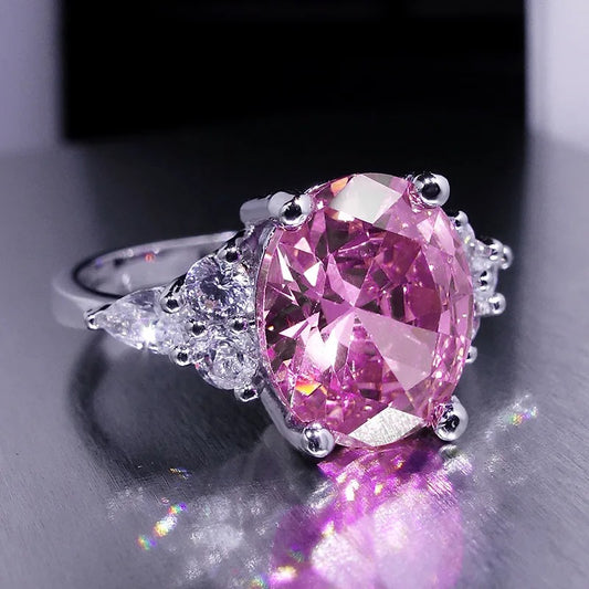 Big Oval Stone Ring Female Shining Crystal Engagement Rings For Women Vintage Rose Gold Silver Color Wedding Jewelry