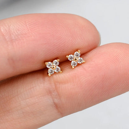 Crystal Flower Stud Earrings for Girls Sweet Red Zircon Cartilage Jewelry
