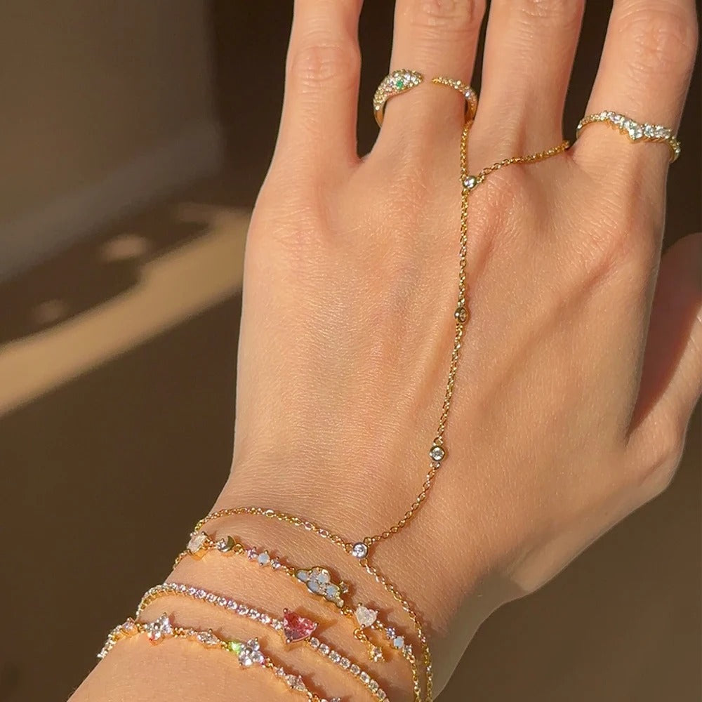 18K Gold Plated Stainless Steel Hand Chain Bracelet with Zircon Ring