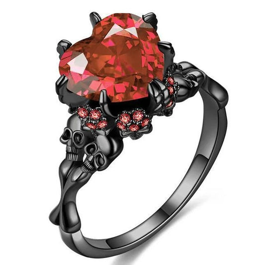 Black Ring Heart-shape Red Crystal Vampire Double Skull Rings Black for Women Party Wedding Jewelry