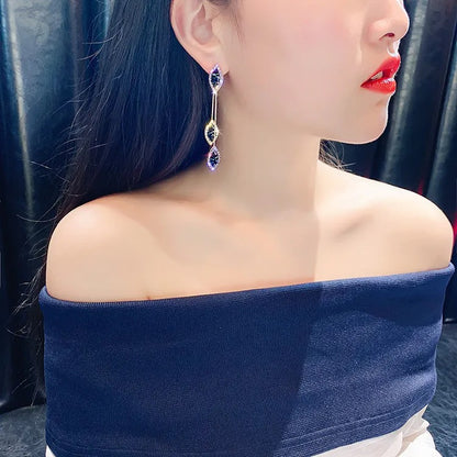 Long Tassel Leaf Drop Earrings for Women Purple Crystal Dangle Jewelry Gift