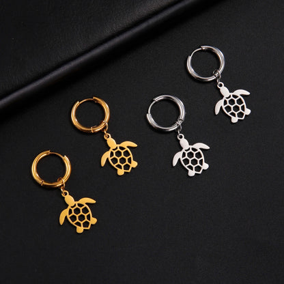 Cute Hollow Turtle Hoop Earrings Gold Color Stainless Steel