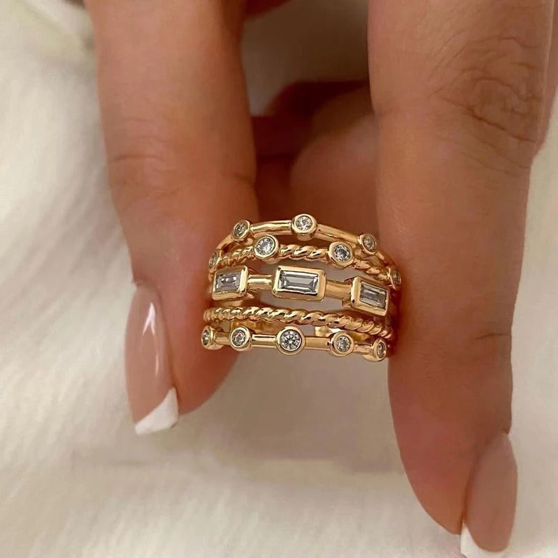 2025 New Stainless Steel 18 K Gold Plated Sun Rings for Women Natural Stone Hollow Metal Texture Ring Trendy Jewelry