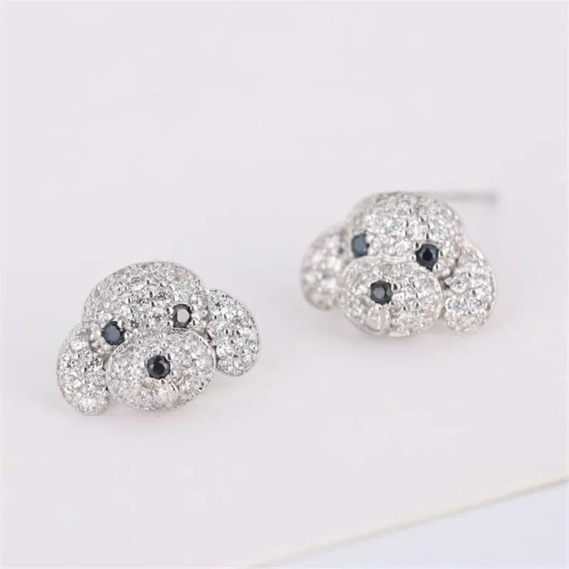 New Full Crystal Dog Stud Earrings 925 Sterling Silver Women
