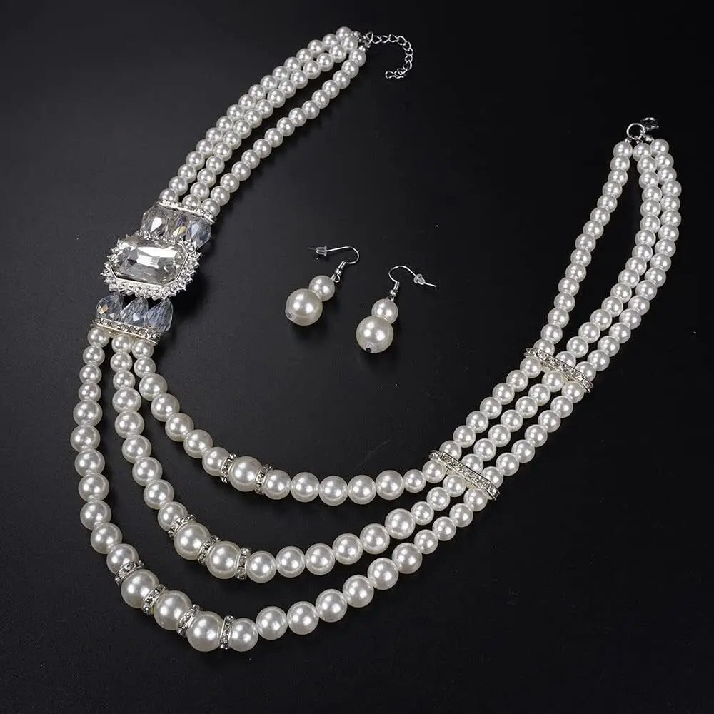Bridal Jewelry Set Trendy Fashion 3-layer Imitation Pearl Crystal Rhinestone Necklace And Earrings Women's Party Accessories