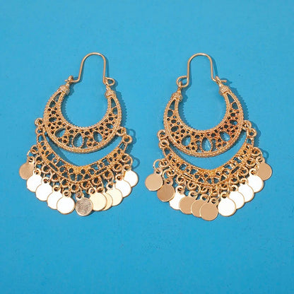 Gold Hollow Leaf Coin Pendant Earrings for Women Long Tassel Dangle Jewelry