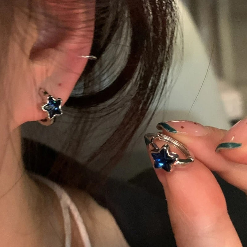 Sweet Blue Star Hoop Earrings Women Girls Simple Fashion Gift