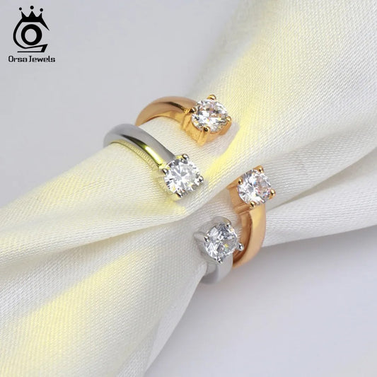 ORSA JEWELS 100% 925 Sterling Silver Rings Adjustable Finger Ring Silver Gold Color AAA Zircon Silver Jewelry Party Gift OSR60