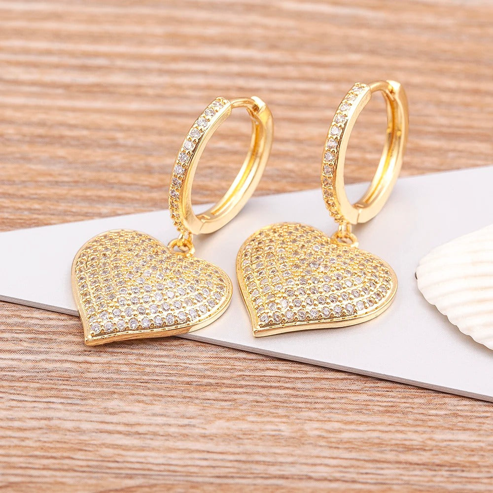 Women’s Love Heart Gold Drop Earrings Cubic Zirconia Fashion Jewelry