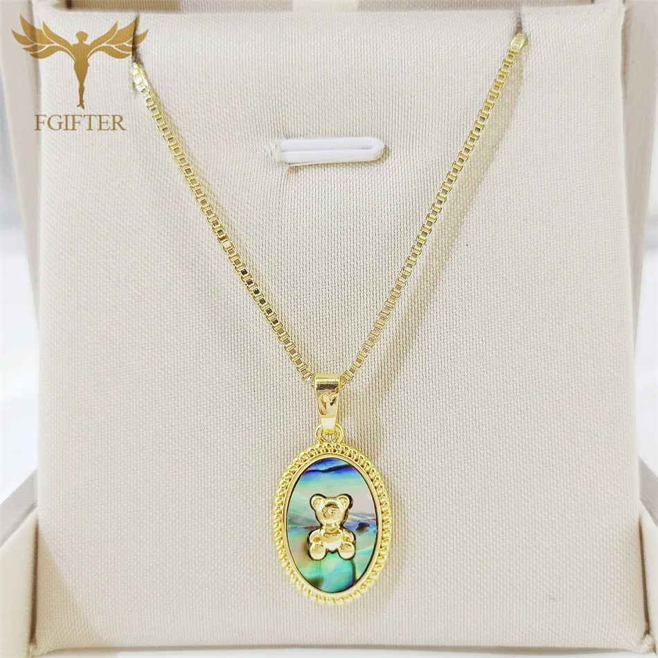 Cute Little Bear Natural Abalone Shell Oval Dangle Necklace Stainless Steel Copper Chain Temperament Jewelry Vacation Party Gift