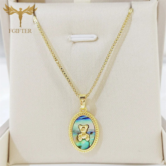 Cute Little Bear Natural Abalone Shell Oval Dangle Necklace Stainless Steel Copper Chain Temperament Jewelry Vacation Party Gift