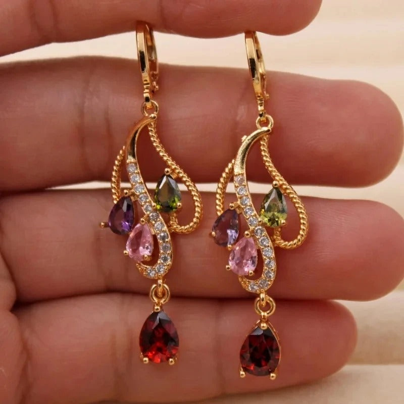 Pink Green Purple Stone Hoop Earrings Women Gold Flower Jewelry