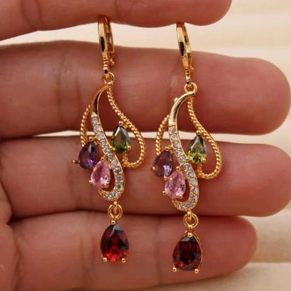 Pink Green Purple Stone Hoop Earrings Women Gold Flower Jewelry