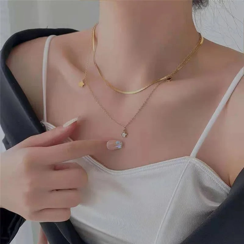Stainless Steel Multilayer Chain Star Charm Necklace Bracelet For Women New Trend Jewelry Set Girls Party Gifts