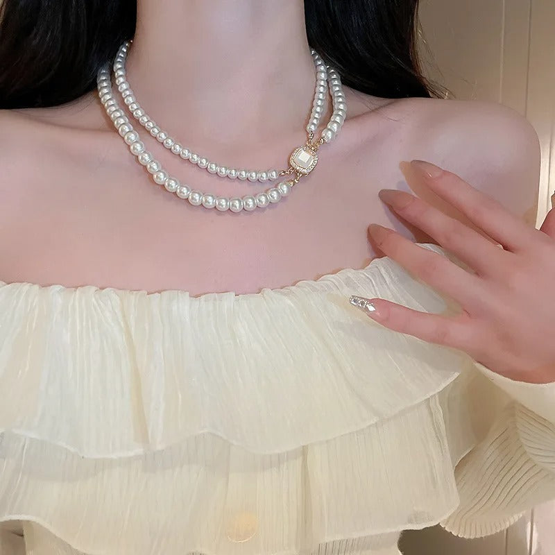 French Double Layered Pearl Necklace for Women Simple and Versatile High-end Choker Necklaces Charms Wedding Bride Jewelry