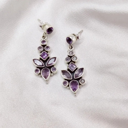 Vintage Oval Purple Stone Dangle Earrings Silver Women