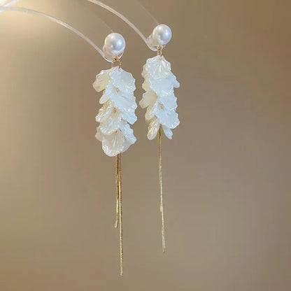 White Flower Drop Earrings with Pearl Tassel Elegant Jewelry for Women