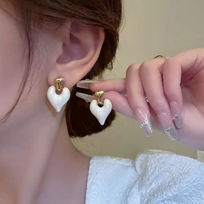Romantic Heart Drop Earrings Women Silver Needle White Purple Pink