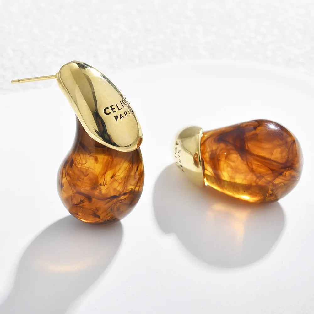 Water Drop Brown Resin Stud Earrings Vintage Copper Gold Plated