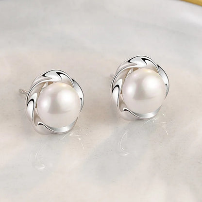Silver Freshwater Cultured Pearl Button Ball Stud Earrings For Women