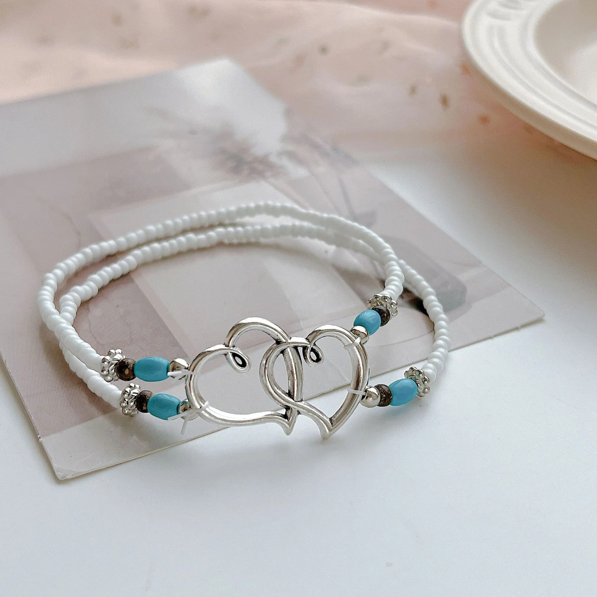 Summer Beach Boho Double Heart Anklets for Women Fashion Shell Starfish Ankle Bracelet on Leg Barefoot Handcraft Chain Jewelry