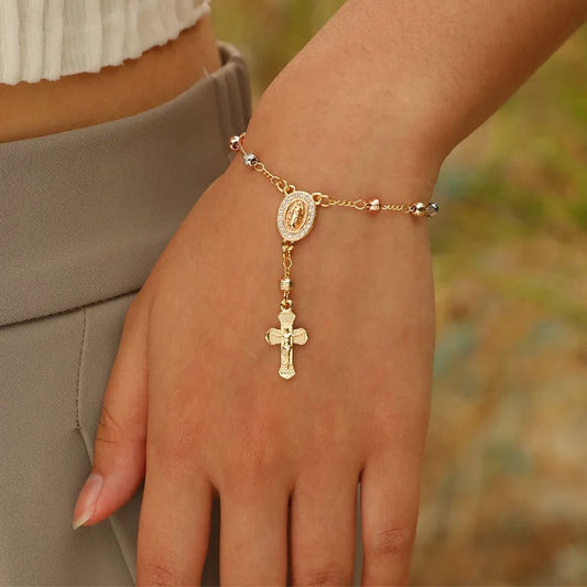 Virgin Mary Rosary Bead Cross Bracelet Virgin of Guadalupe Adjustable Link Bracelet for Women Girl Jewelry Gift