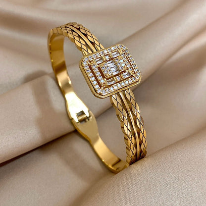 Gold-Plated Chunky Stainless Steel Cuff Rhinestone Multilayer Bracelet
