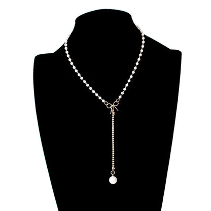 Fashion Sweet Korean Style Imitation Pearl Clavicle Necklace Women Personality Chain Bow knot Rhinestone Pendant Necklace