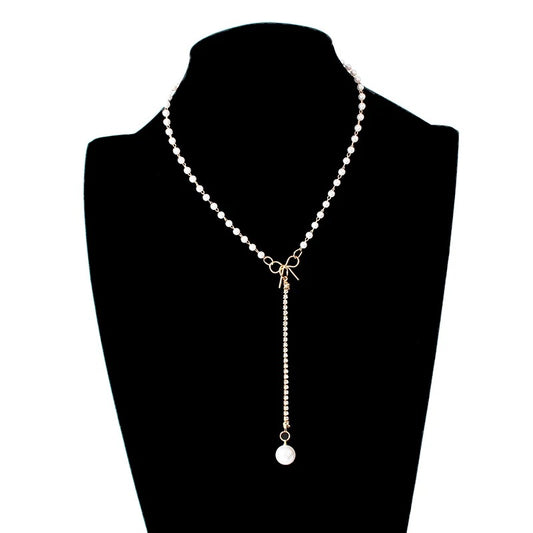 Fashion Sweet Korean Style Imitation Pearl Clavicle Necklace Women Personality Chain Bow knot Rhinestone Pendant Necklace