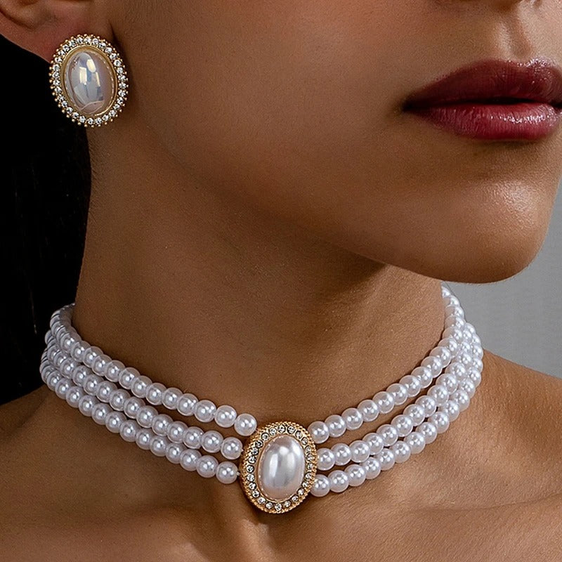 Elegant Retro Three-Layer Imitation Pearl Necklace Set Necklace Earrings Fashionable Jewelry Accessories Hot Sale Party Gift