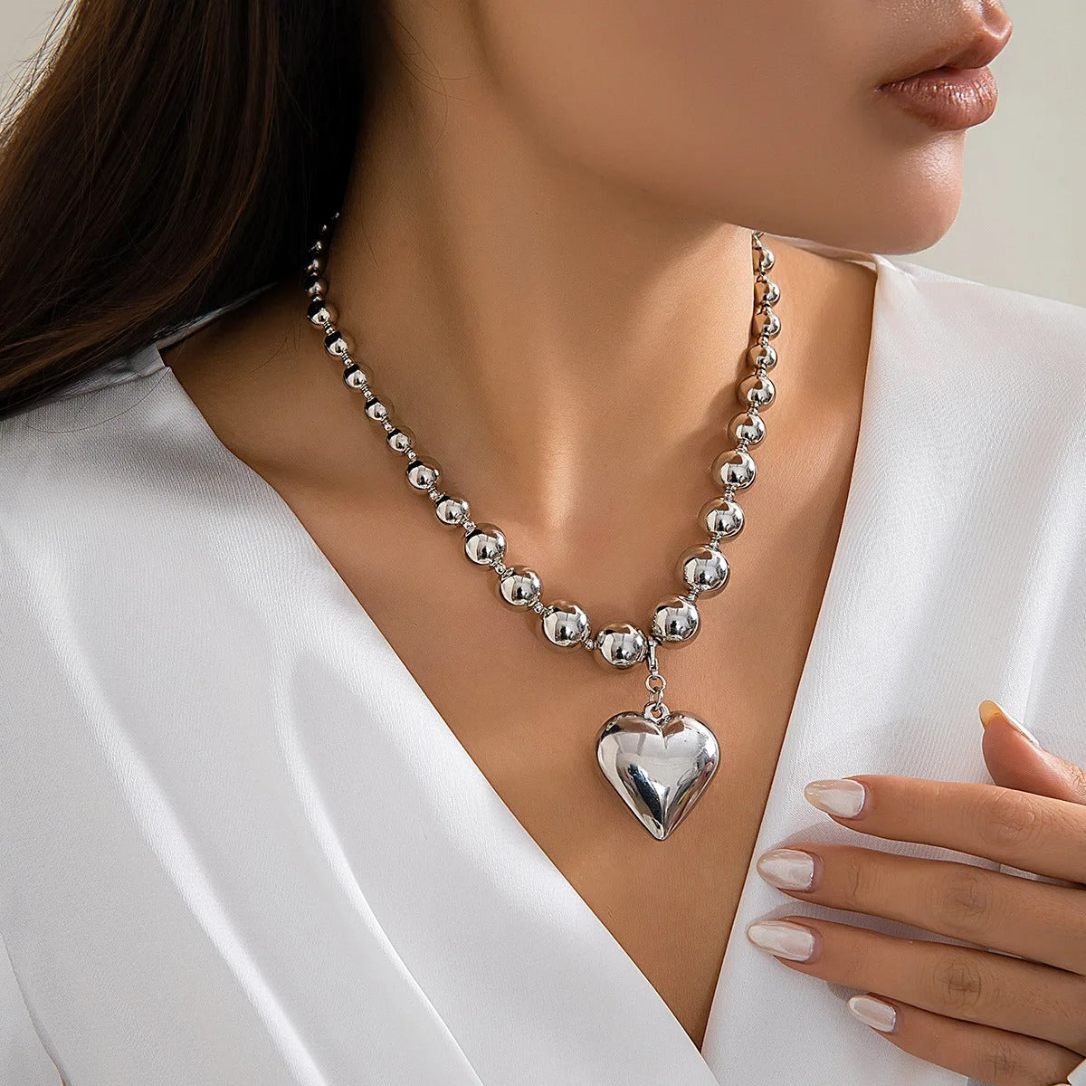 Big CCB Ball Beaded Chain and Heart Pendant Necklace for Women Trendy Choker Collar on the Neck Accessories 2025 Fashion Jewelry