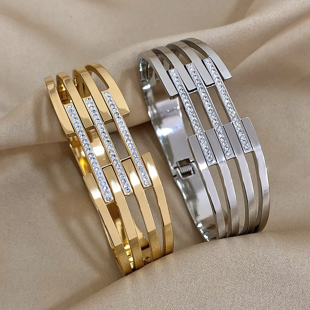Wide Metal Bangles Bracelets for Women Inlaid Rhinestones Waterproof