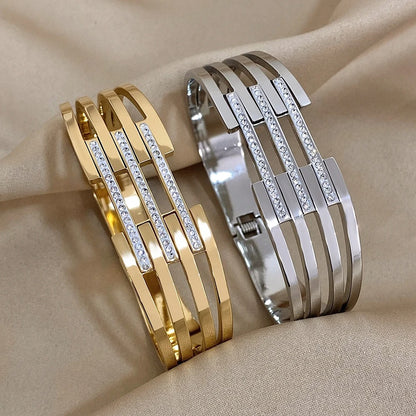 Wide Metal Bangles Bracelets for Women Inlaid Rhinestones Waterproof