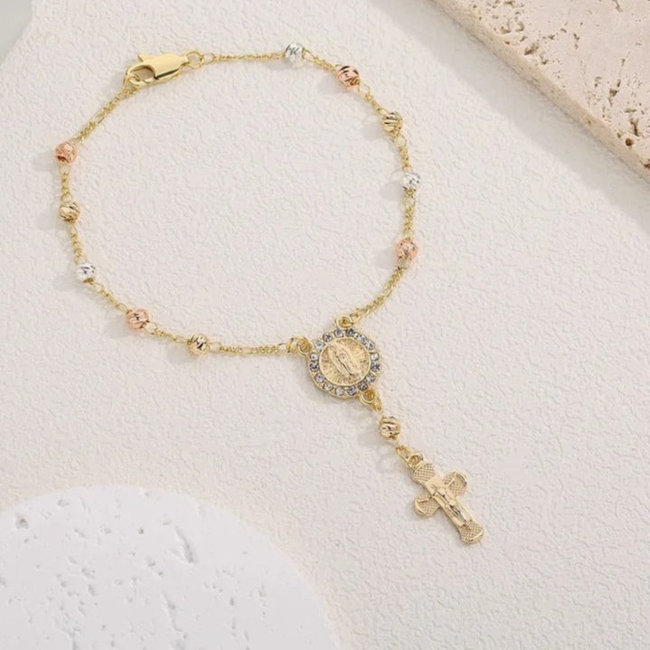 Virgin Mary Rosary Bead Cross Bracelet for Women Tri-color Style Bracelet for Women Fashion Bangle Jewelry