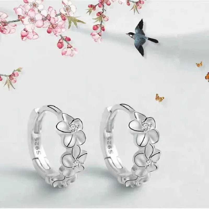 Luxury Silver Flower Hoop Earrings Crystal Zircon Dangle Women