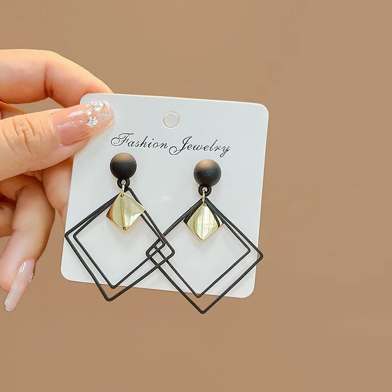 Black Double Layer Hollow Rhombus Drop Earrings Women’s Party Jewelry