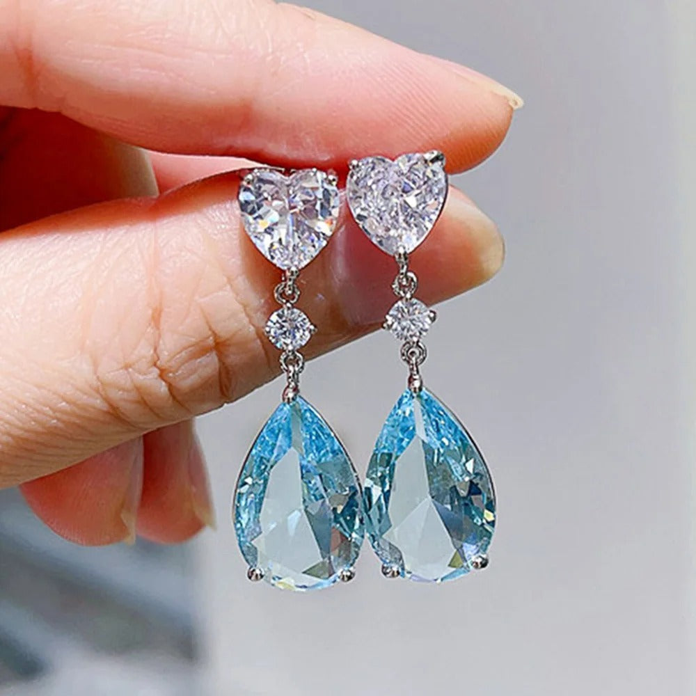 Aesthetic Green/Blue Cubic Zirconia Dangle Earrings for Women Silver Color/Gold Color Wedding Trend Eternity Love Jewelry