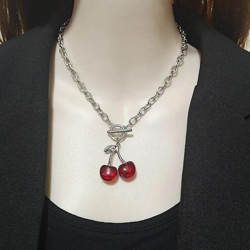 Red Cherry Pendant Necklace Korean Retro Clavicle Chain Women