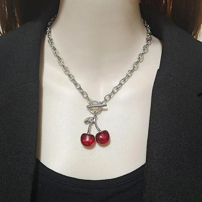 Red Cherry Pendant Necklace Korean Retro Clavicle Chain Women