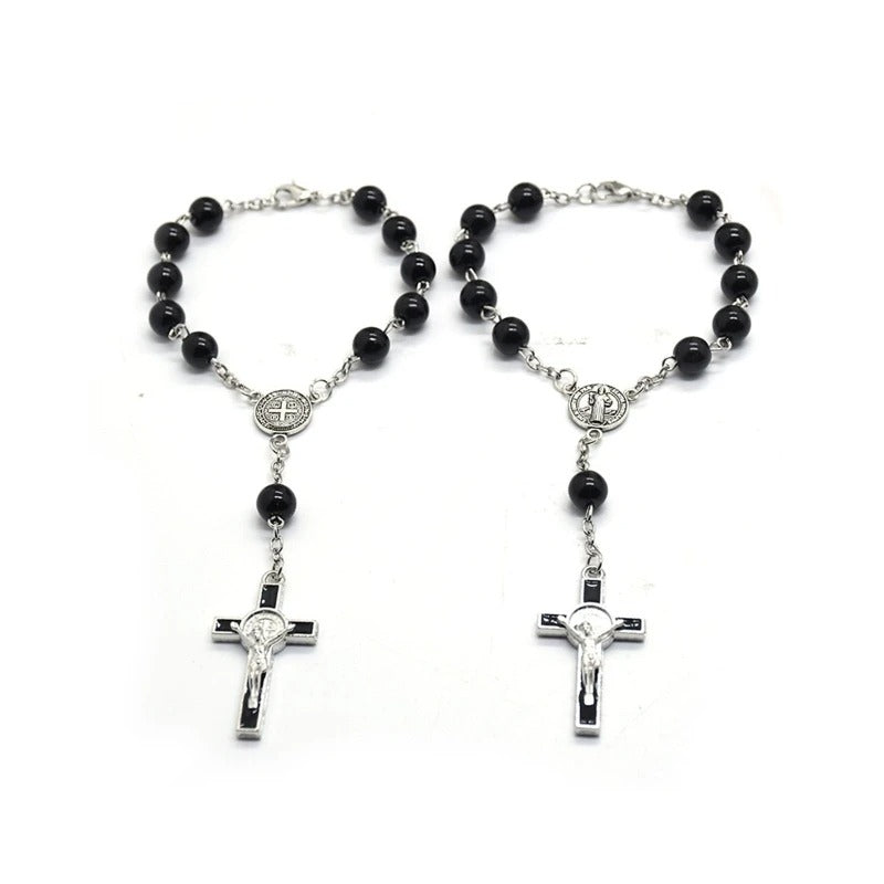 Exquisite Rosary Cross Bracelet Black Glass Beads Catholic Jewelry