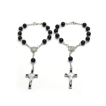 Exquisite Rosary Cross Bracelet Black Glass Beads Catholic Jewelry