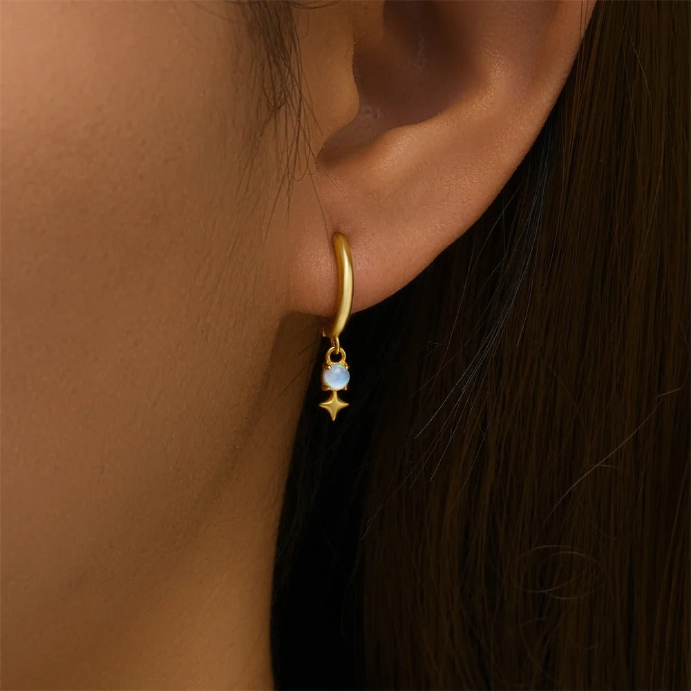 White Opal Drop Hoop Earrings 925 Sterling Silver for Women