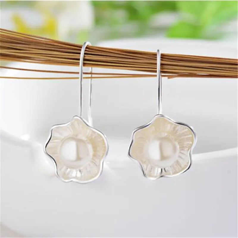 925 Sterling Silver Lotus Pearl Dangle Earrings Women Jewelry